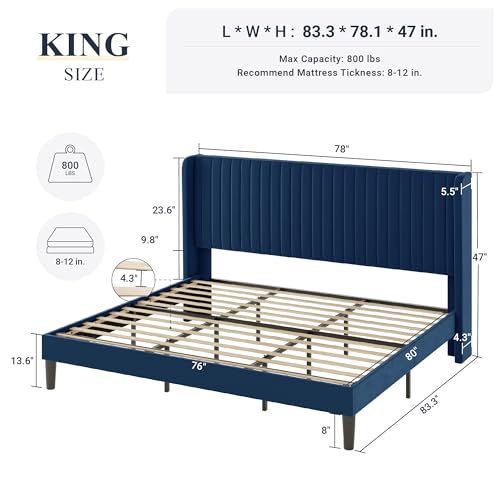 Allewie Queen Size Velvet Bed Frame/Vertical Channel Tufted Wingback Headboard/Upholstered Platform Bed/Strong Wooden Slats/No Box Spring Needed/Easy Assembly/Black - Image 11