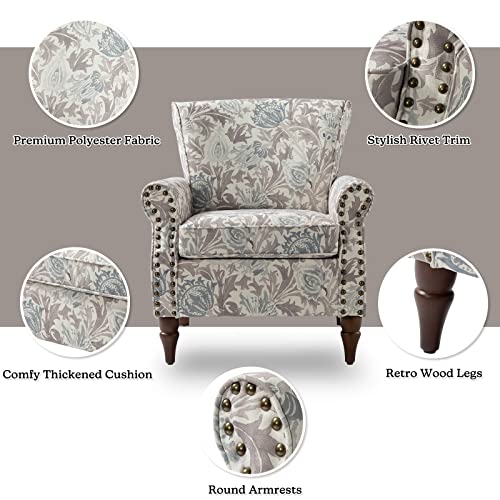 HULALA HOME Modern Wingback Accent Chair with Wood Legs & Removable Cushion, Comfy Upholstered Armchair with Nailhead Trim, Floral Pattern Single Sofa Chair for Living Room Bedroom, Blue - Image 34