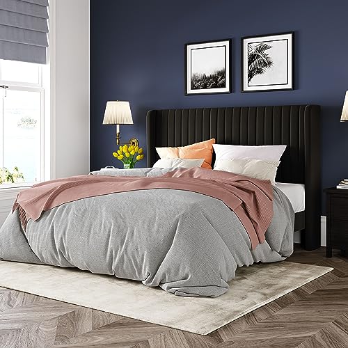 Allewie Queen Size Velvet Bed Frame/Vertical Channel Tufted Wingback Headboard/Upholstered Platform Bed/Strong Wooden Slats/No Box Spring Needed/Easy Assembly/Black - Image 2