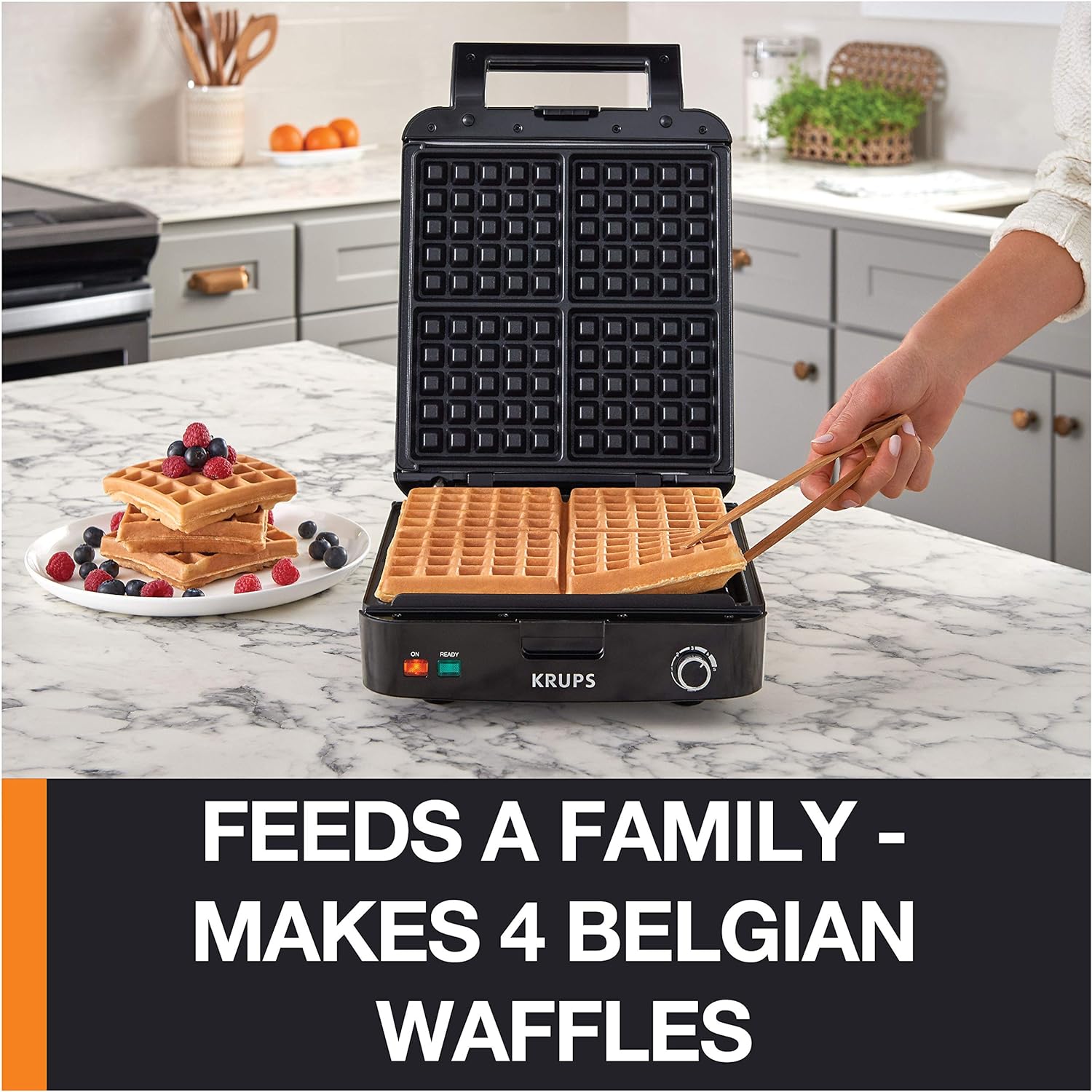 KRUPS Belgian Waffle Maker, Waffle Maker with Removable Plates, 4 Slices, Silver/Black - Image 2